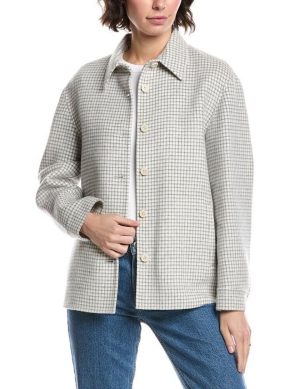 Theory Shirt Jacket in White Gray Check Pattern